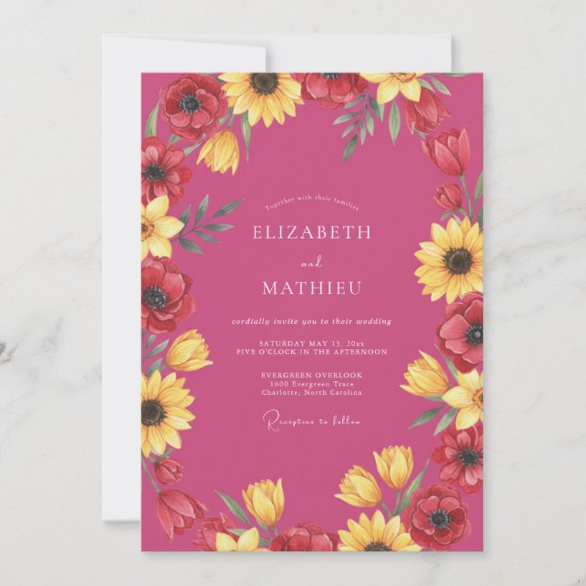 Invitación Boda de Amapola de Girasol Magenta (Anverso)