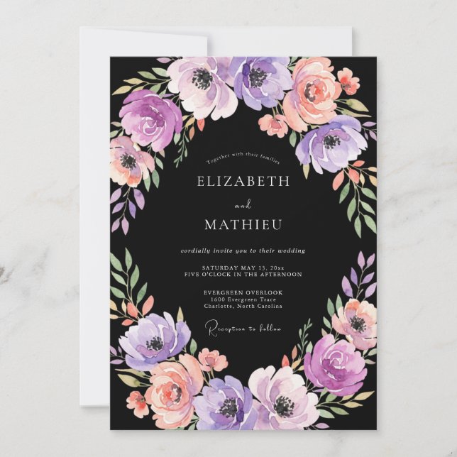 Invitación Boda de amapola de lavanda negra (Anverso)