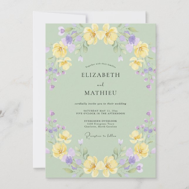 Invitación Boda de Amapola Lavanda Amarilla Suave (Anverso)