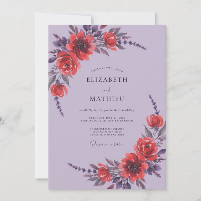 Invitación Boda de Amapola Lila Carmesí (Anverso)