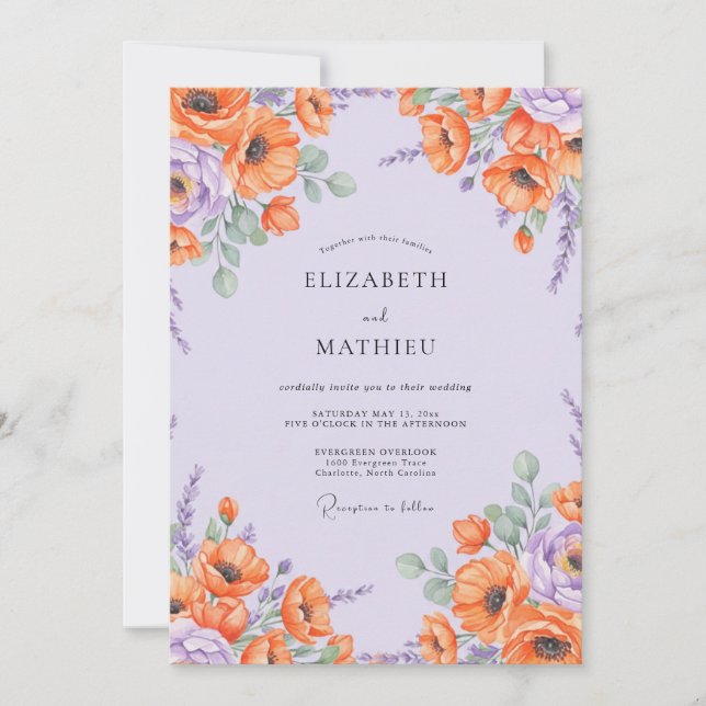 Invitación Boda de Amapola Naranja Lila (Anverso)