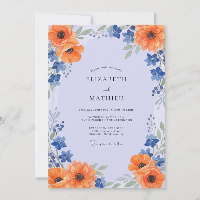 Invitación Boda de Amapola Naranja Periwinkle (Anverso)