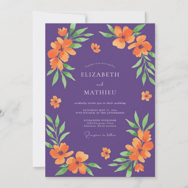 Invitación Boda de amapola naranja violeta (Anverso)