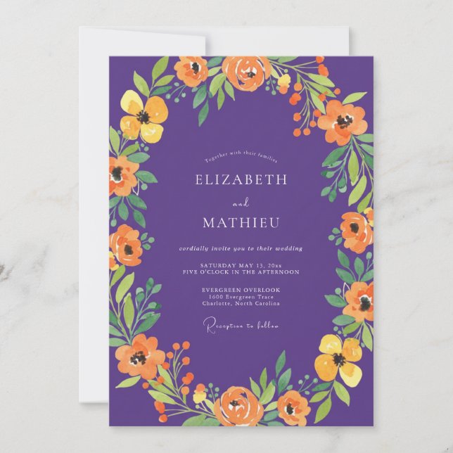 Invitación Boda de amapola naranja violeta botánica (Anverso)