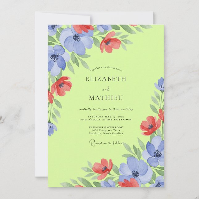 Invitación Boda de Amapola Periwinkle Chartreuse Prensada (Anverso)
