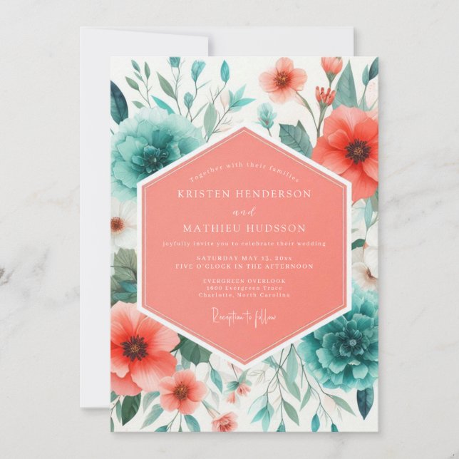 Invitación Boda de amapola pintada de coral y turquesa (Anverso)