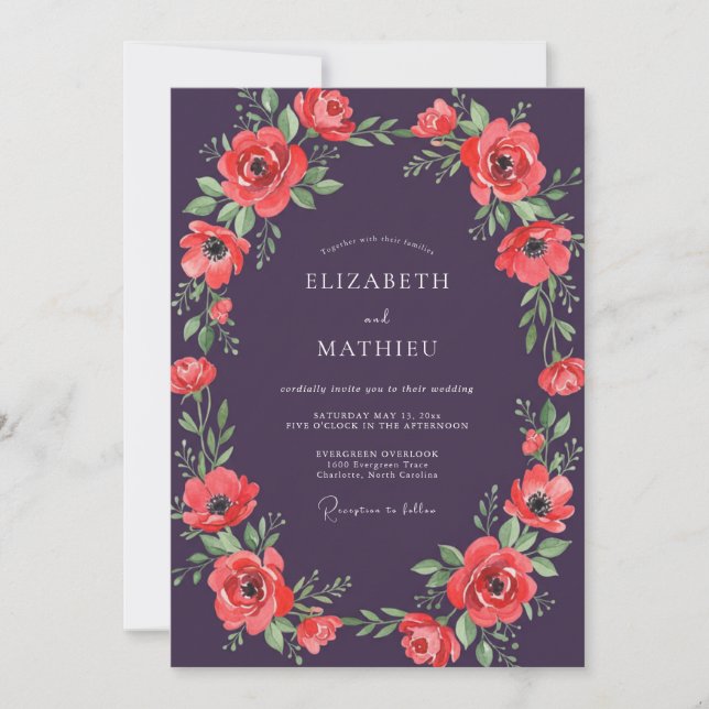 Invitación Boda de amapola roja ciruela (Anverso)