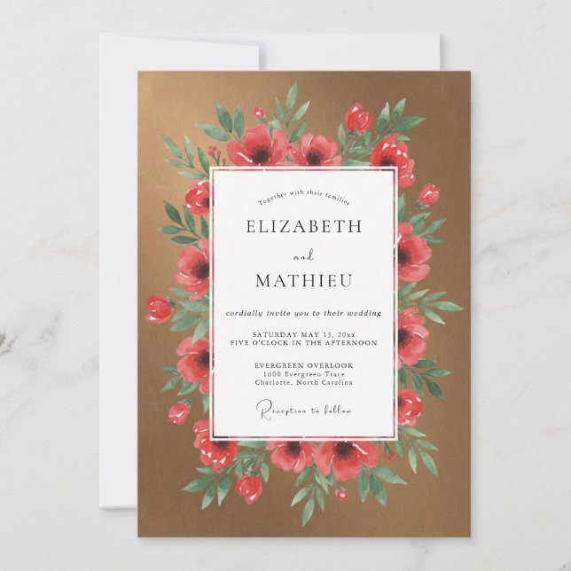 Invitación Boda de amapola roja de cobre (Anverso)