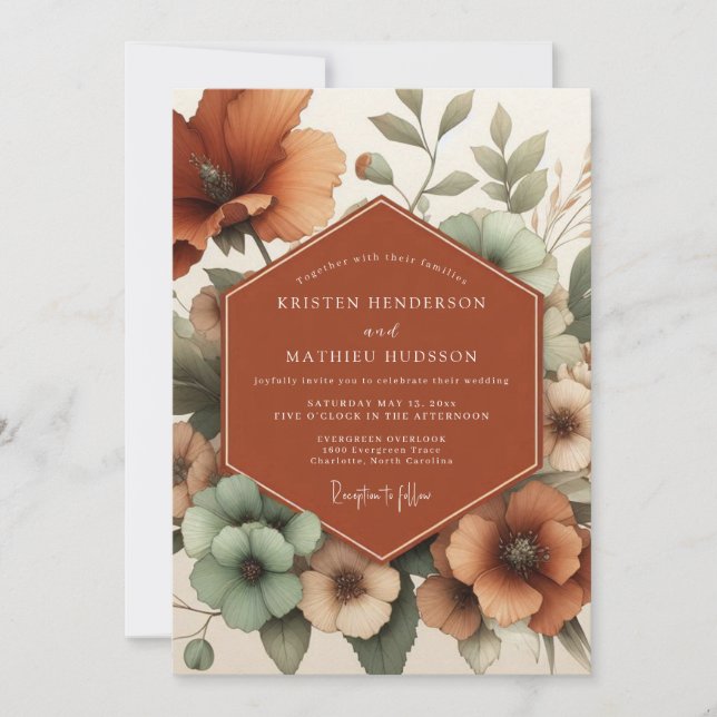 Invitación Boda de amapola terracota pintada (Anverso)