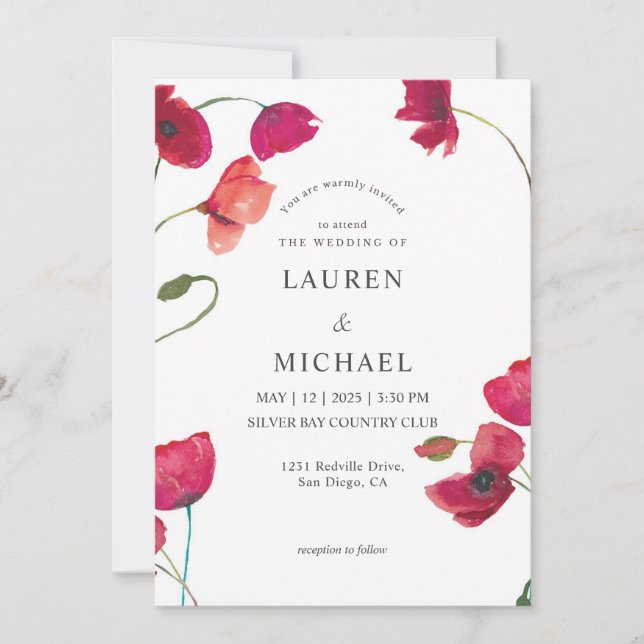 Invitación Boda de amapolas rosa rojo rosado personalizado (Anverso)