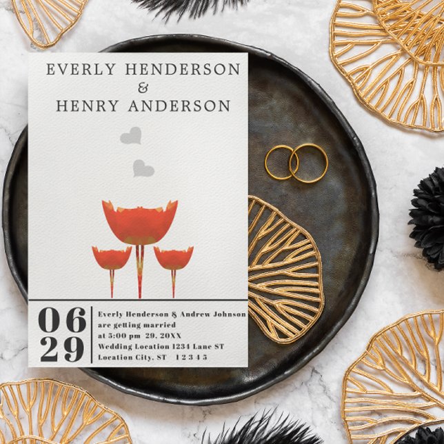 Invitación Boda de amapolas y corazones naranjas Simple Moder (Subido por el creador)