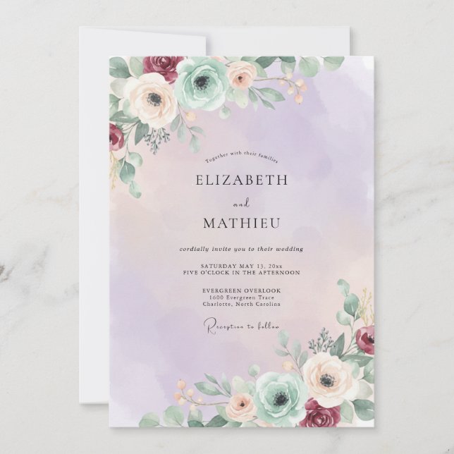 Invitación Boda de Amaranto Espuma de Mar Ranunculus Eucalipt (Anverso)