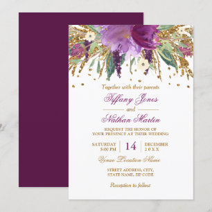 Invitación Boda de amatista floral con acuarela brillante