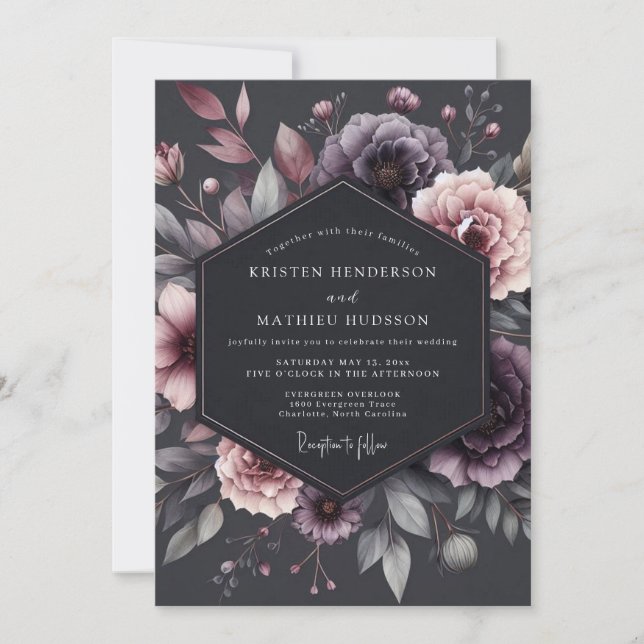 Invitación Boda de ambiente floral de ciruela (Anverso)
