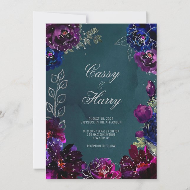 Invitación Boda de Amethyst Sapphire Verde azulada Jewel Tone (Anverso)
