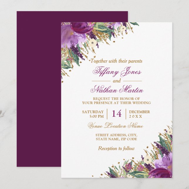Invitación Boda de Ametismo de la Sparkling de la acuarela fl (Anverso / Reverso)