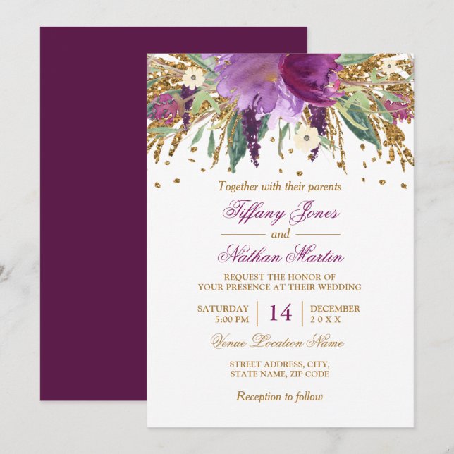 Invitación Boda de Ametría de Salto Floral de Acuarela (Anverso / Reverso)
