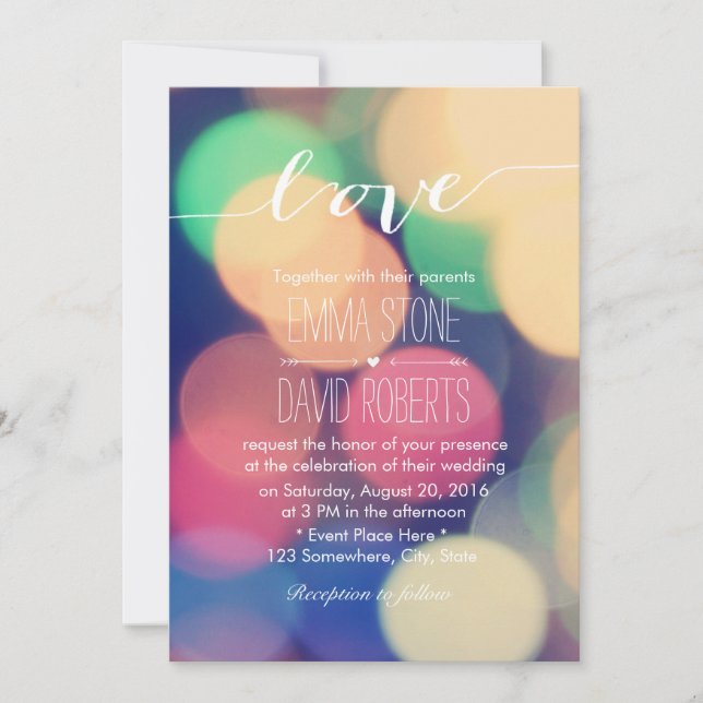Invitación Boda de amor con escritura elegante de bokeh moder (Anverso)