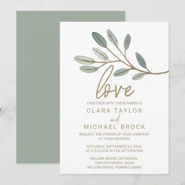 Invitación Boda de amor de eucalipto con vena de oro (Anverso / Reverso)