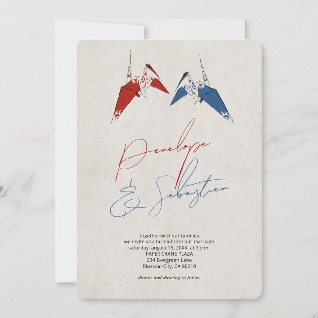 Invitación Boda de amor de la grúa del papel (Anverso)