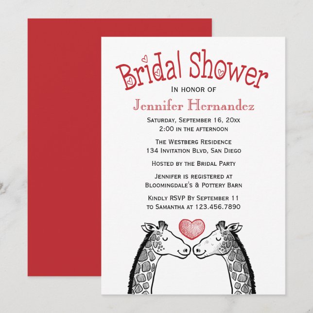 Invitación Boda de amor de la jirafa de la ducha de novia roj (Anverso / Reverso)
