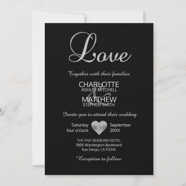 Invitación Boda de AMOR negro blanco clásico moderno (Anverso)