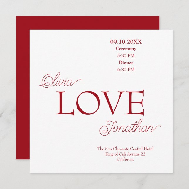 Invitación Boda de amor rojo simple y elegante (Anverso / Reverso)
