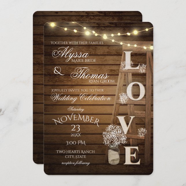 Invitación Boda de amor Rústico de la vejiga y las luces (Anverso / Reverso)