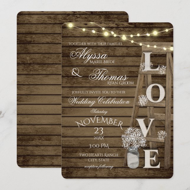 Invitación Boda de amor Rústico de la vejiga y las luces (Anverso / Reverso)