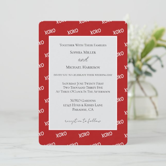 Invitación Boda de Amor XOXO Blanco Rojo (Anverso de pie)