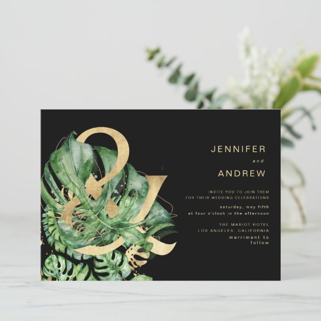 Invitación Boda de Ampersand del follaje dorado tropical (Anverso de pie)