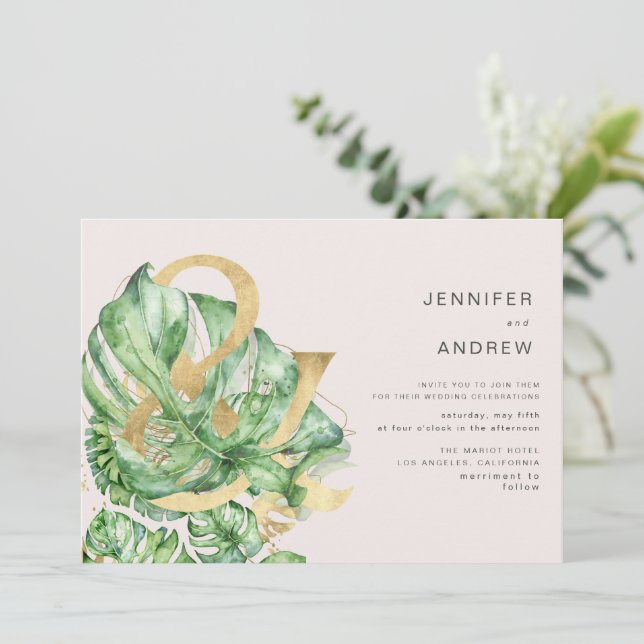 Invitación Boda de Ampersand del follaje dorado tropical (Anverso de pie)