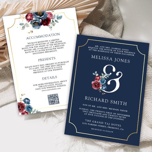 Invitación Boda de Ampersand Floral Azul y Borgoña de Marina (Subido por el creador)