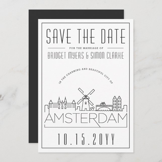 Invitación Boda de Ámsterdam Silueta Estilizada Save the Date (Anverso / Reverso)