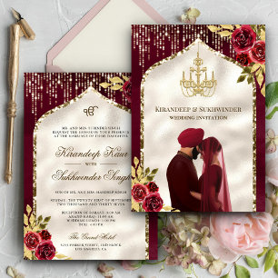 Invitación Boda de Anand Karaj Sikh, floral de oro de Borgoña