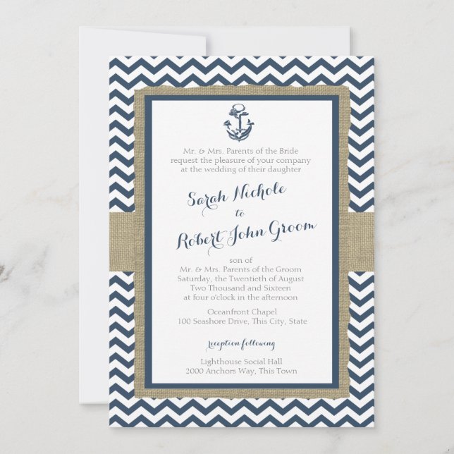 Invitación Boda de Anchor y de la Marina de Chevron (Anverso)