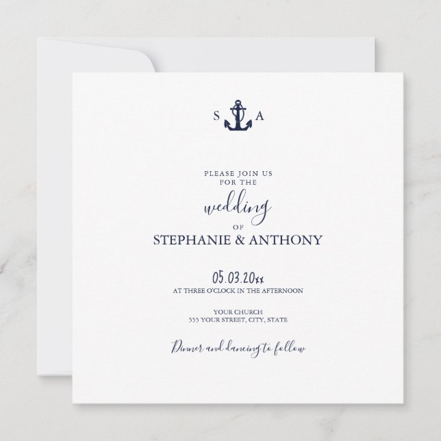 Invitación Boda de ancla azul de la Marina Náutica monográfic (Anverso)