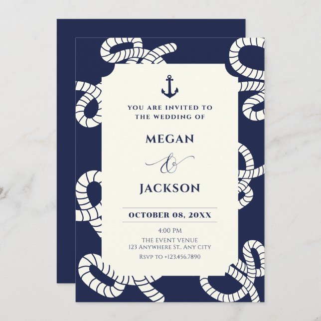 Invitación Boda de ancla de la marina azul (Anverso / Reverso)