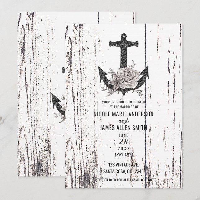 Invitación Boda de Ancla de Playa Costera de Madera Rústica (Anverso / Reverso)