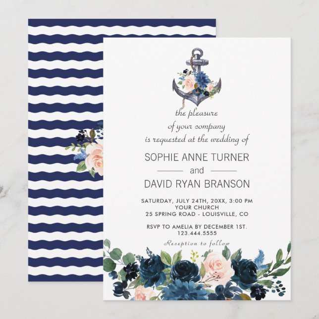 Invitación Boda de ancla floral azul Rubor rosa náutico (Anverso / Reverso)