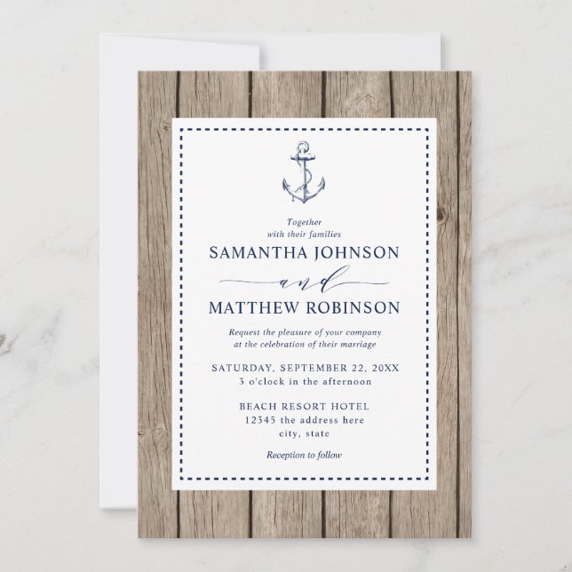 Invitación Boda de Ancla Rustica de Madera Náutica (Anverso)
