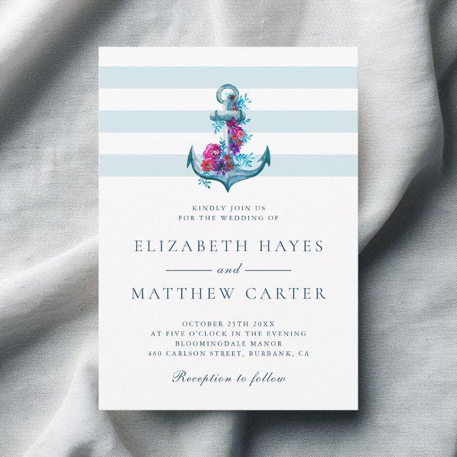 Invitación Boda de anclaje acuático de franjas azules náutica (Subido por el creador)
