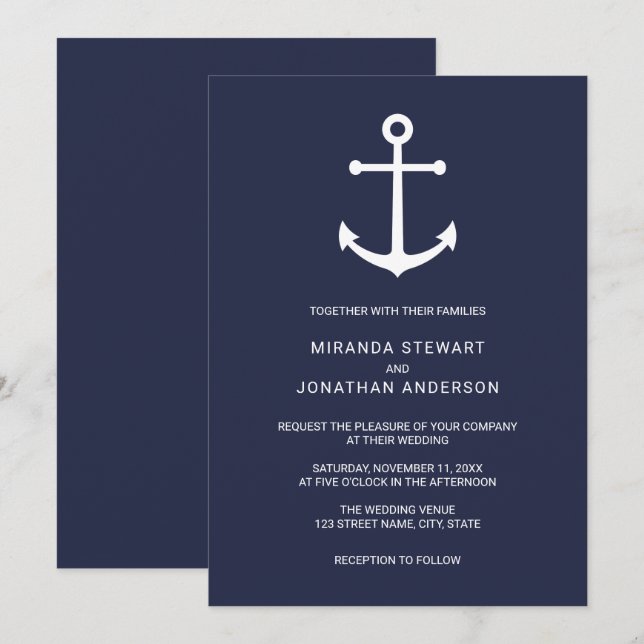 Invitación Boda de Anclaje Azul de la Marina Náutica Moderna (Anverso / Reverso)