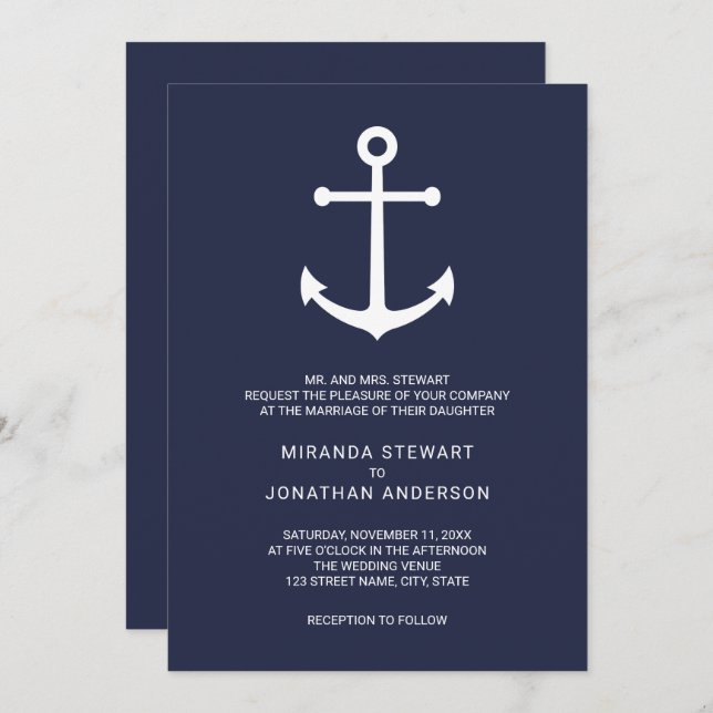 Invitación Boda de Anclaje Azul de la Marina Náutica Moderna (Anverso / Reverso)