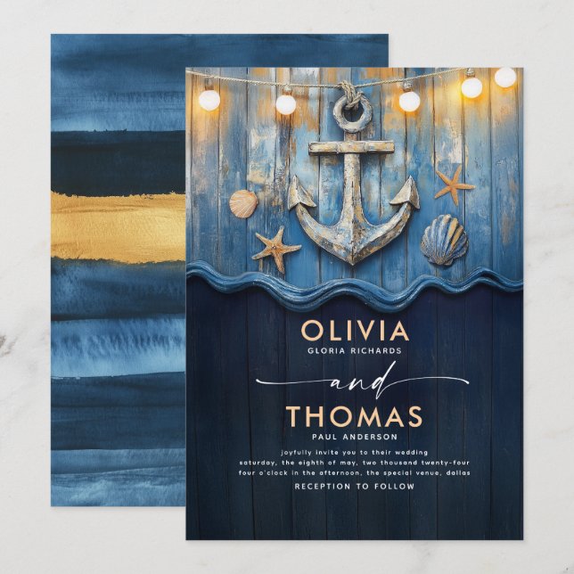 Invitación Boda de Anclaje Azul y Oro de la Marina Náutica (Anverso / Reverso)