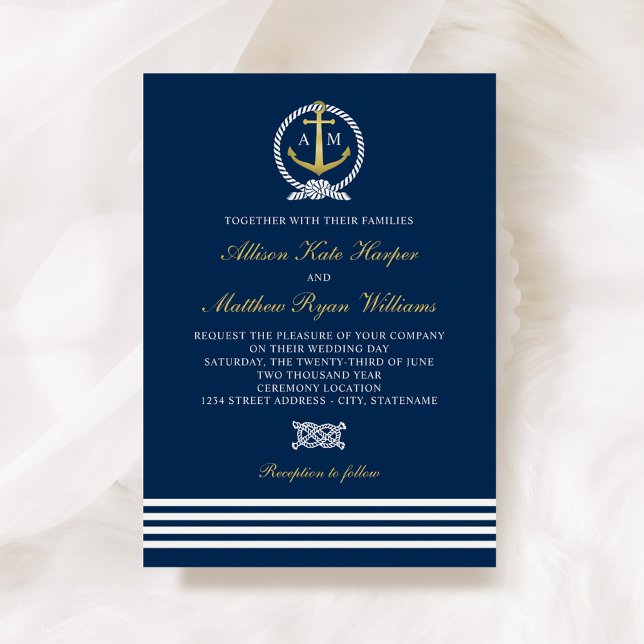 Invitación Boda de Anclaje Azul y Oro de la Marina Náutica (Subido por el creador)