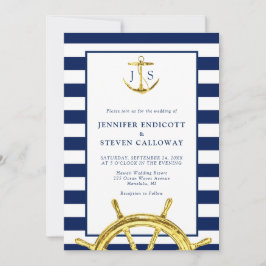 Invitación Boda de Anclaje Azul y Oro de la Marina Náutica