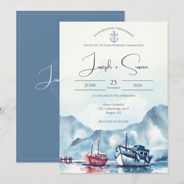 Invitación Boda de anclaje de barco del Glaciar de la Montaña (Anverso / Reverso)