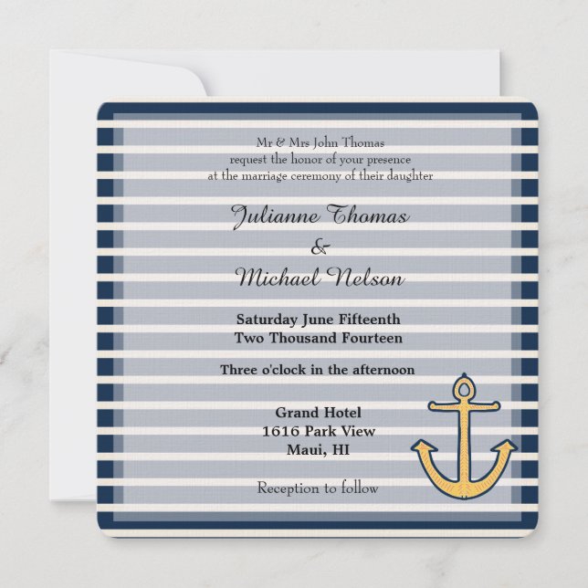 Invitación Boda de anclaje de franjas azules de la marina (Anverso)