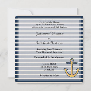 Invitación Boda de anclaje de franjas azules de la marina
